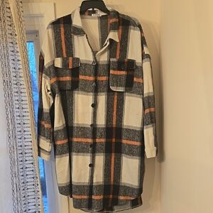 Plaid Button-Up Shirt with Orange and Black Stripes